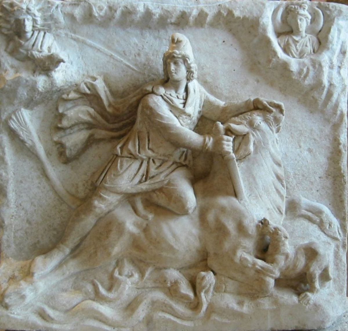 Mithra is shown slaying a bull.in a  2nd-3rd century Mithraic altarpiece found near Fiano Romano, near Rome, and now in the Louvre.