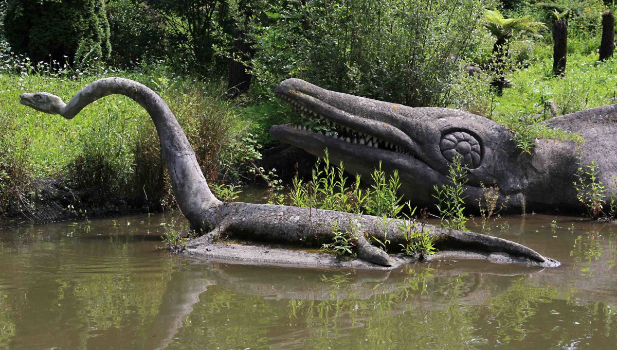 A Plesiosaur and an Ichthyosaur by the lakeside. Note that the skull of the Ichthyosaur is different to that in the previous photo - it represents a different species