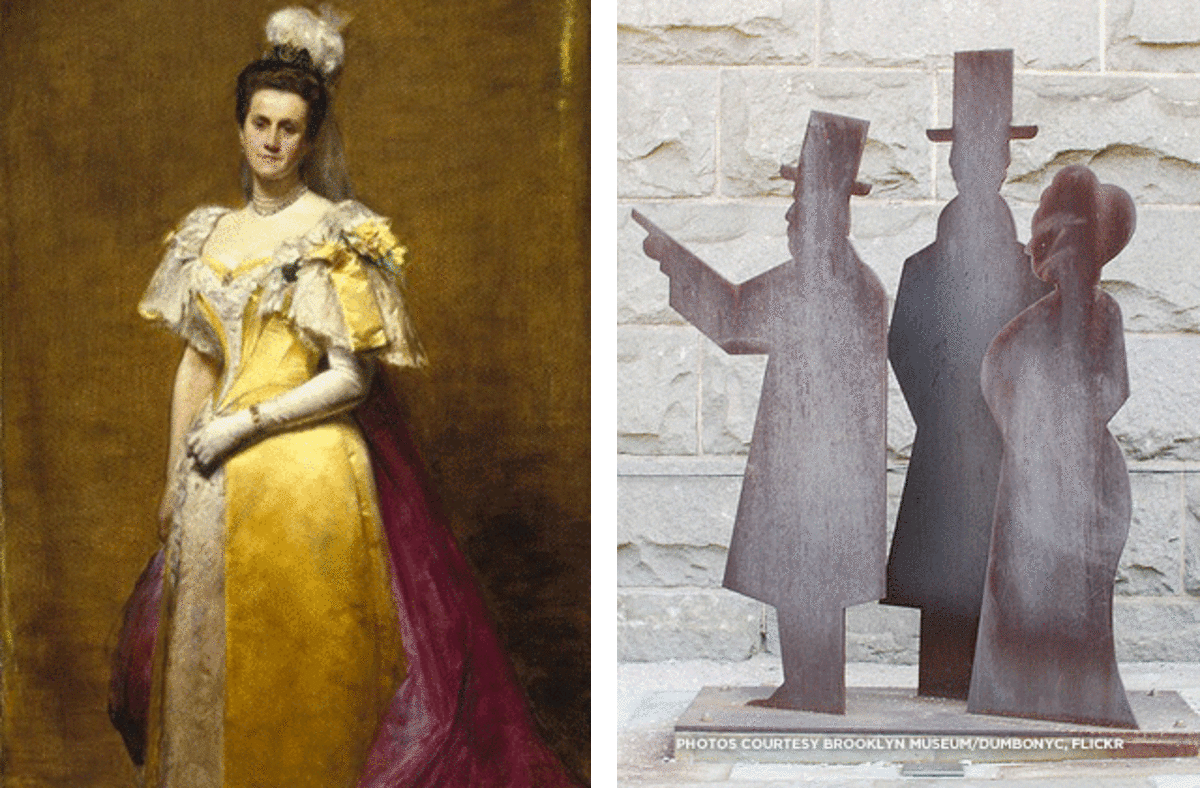 Left: A c. 1896 portrait of Emily Warren Roebling. Right: A sculpture at the base of the Brooklyn Bridge honors Emily, Washington, and John Roebling.