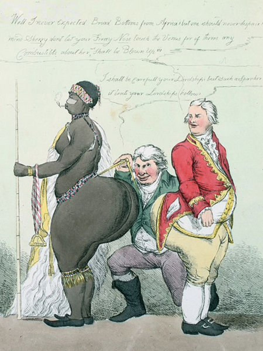 Playwright Richard Sheridan is shown measuring the relative size of the backsides of Sarah Baartman and Lord Grenville. Sheridan declares his lordship the clear loser.