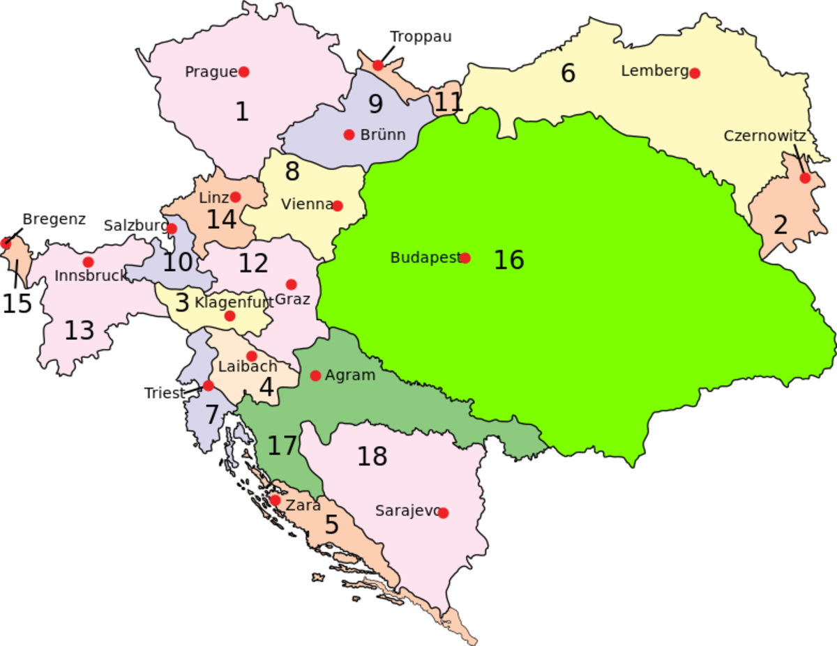 16 and 17 belong to the Kingdom of Hungary, and 18 to an Austro-Hungarian condominium, while the rest were part of the Kingdom of Austria. 