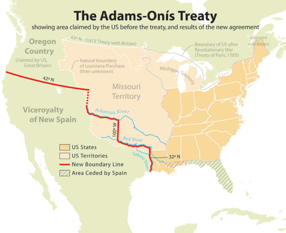 Map of the boundaries defined by the Adams-Onis treaty between the United States and Spain in 1819. The treaty ceded Florida to the U.S. and defined the boundary between the U.S. and New Spain.