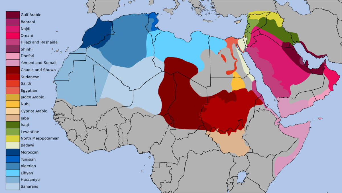 A map of the different dialects spoken throughout the Arab world.
