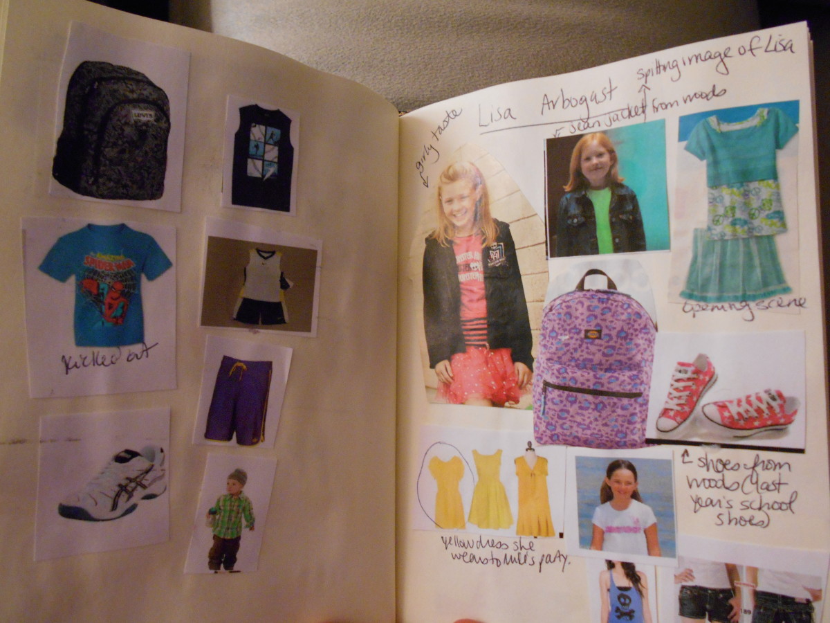 A page from my novel scrapbook highlighting some characters’ wardrobes