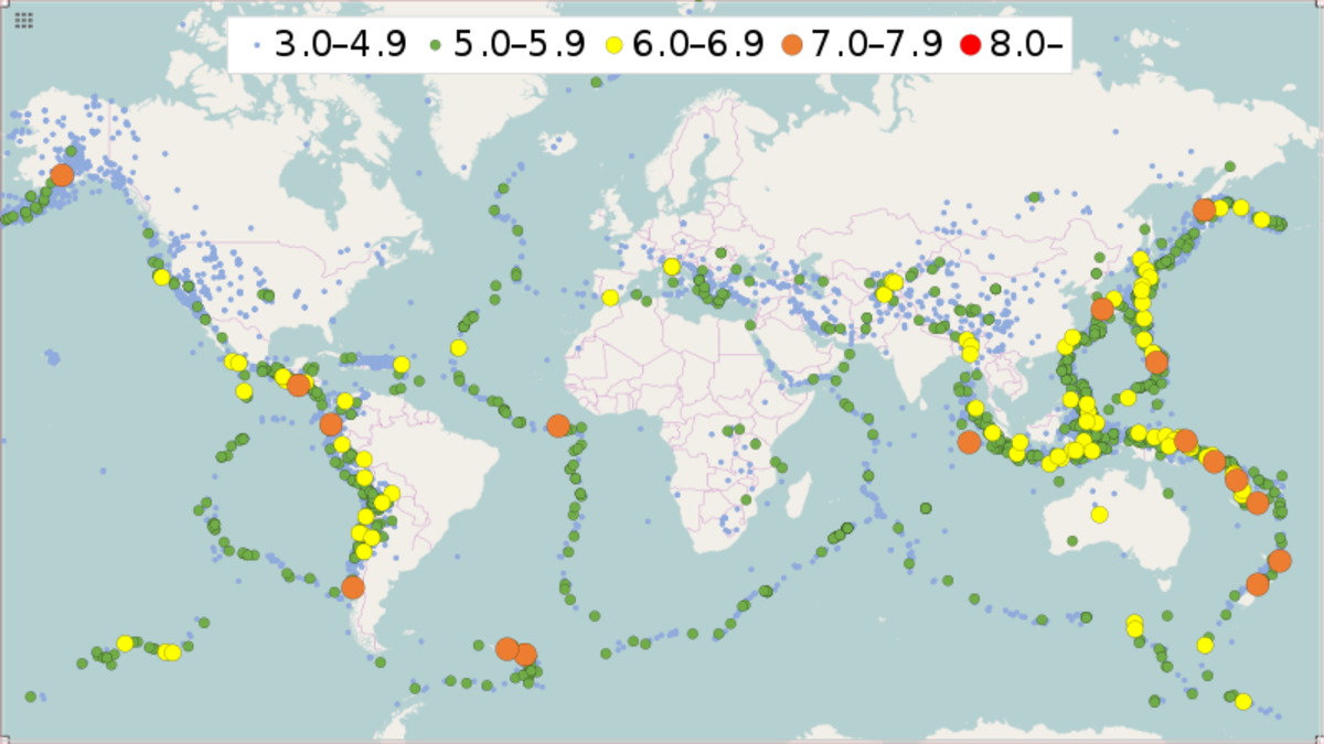 A map showing the lines of major earthquakes following the boundaries of tectonic plates