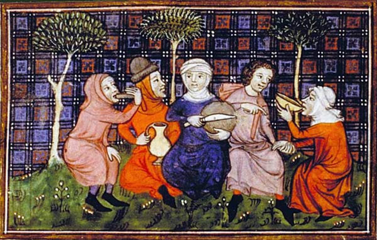 14th century peasants breaking bread and drinking wine.