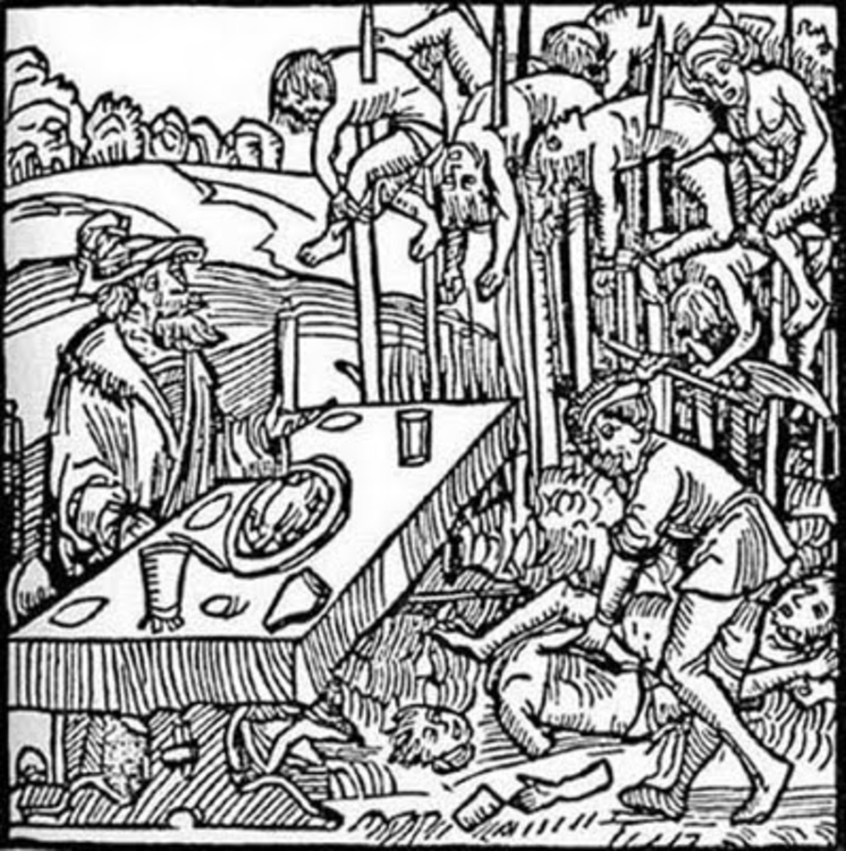 1499 German woodcut showing Vlad III dining among a field of impaled corpses (not fact)