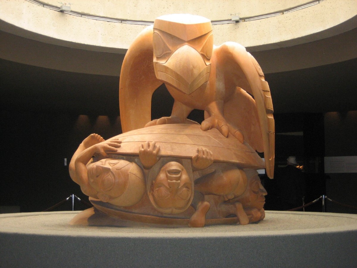 A Bill Reid sculpture depicting a Haida legend in which Raven opens an oyster shell and finds the first humans (the Haida)