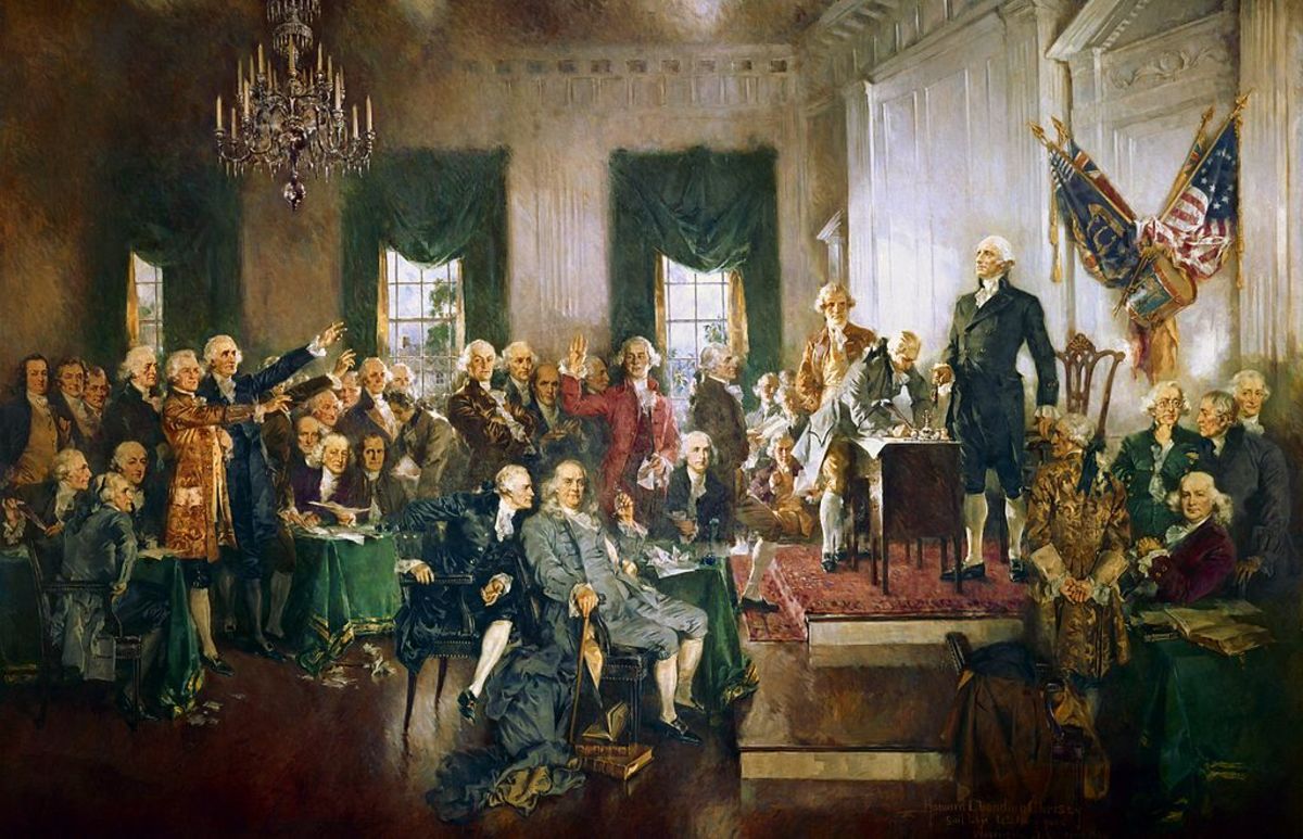 Washington at the Signing of the United States Constitution, September 17, 1787, by Howard Chandler Christy, 1940.  Washington was persuaded to attend the constitutional convention in Philadelphia and oversaw the writing of the new constitution.