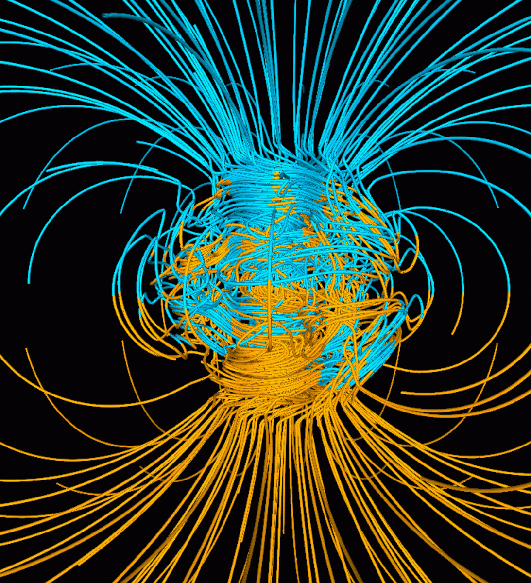 Computer simulation of the Earth's magnetic field in a period of normal polarity between reversals.