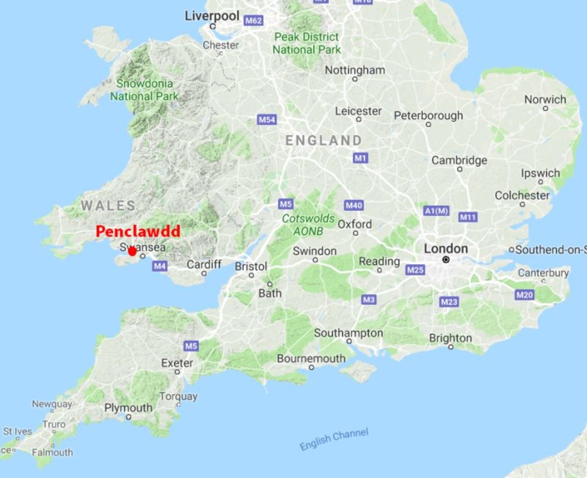 Location of Penclawdd, Wales—The site of the successful anthrax bombing.