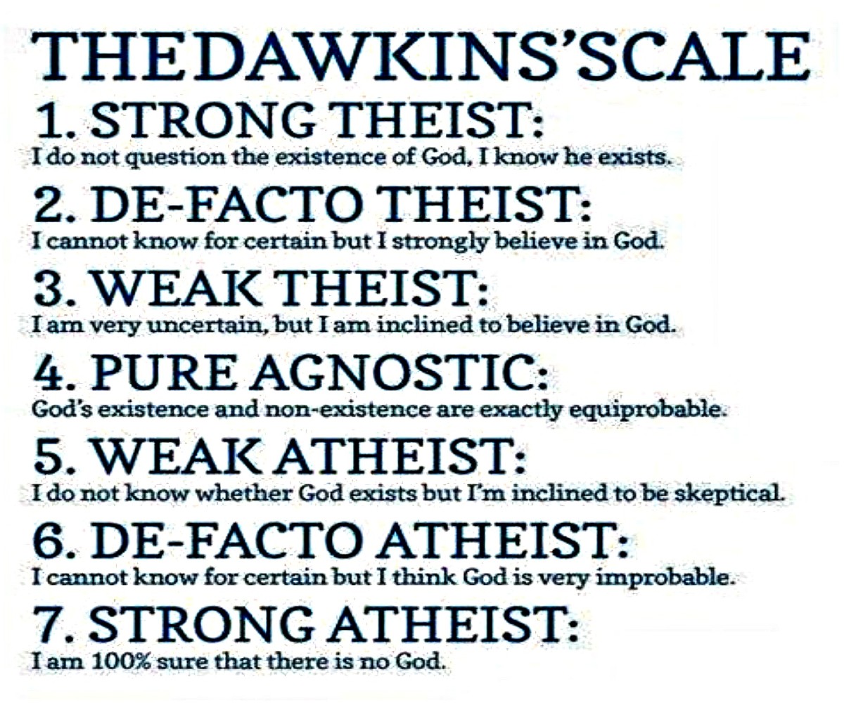 The Dawkins Scale (or spectrum of theistic probability)  goes from strong theist to strong atheist with several intermediate stances. 