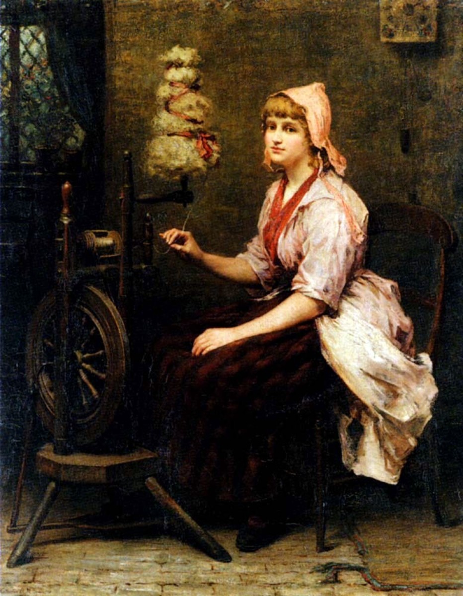"The Girl at the Spinning Wheel" by Katherine D. M. Bywater, 1885