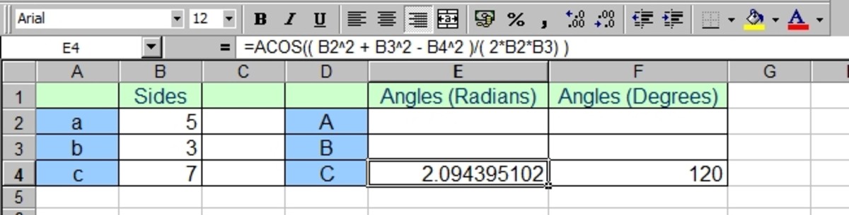 Using the Excel ACOS function to work out an angle, knowing three sides of a triangle. ACOS returns a value in radians.