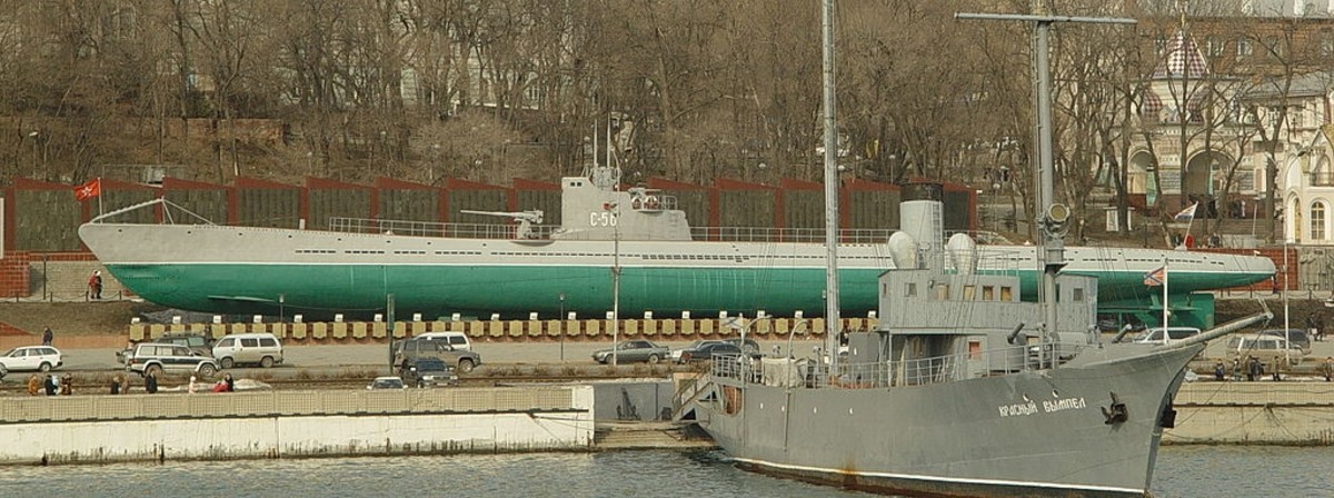 Soviet S-Class submarine S-56 (similar to S-13) on display in Vladivostok, Russia. Length 78 m (255 ft); weight 840 tons; 12 torpedoes; four-inch gun forward; two-inch gun aft. Crew: 50 officers and men.