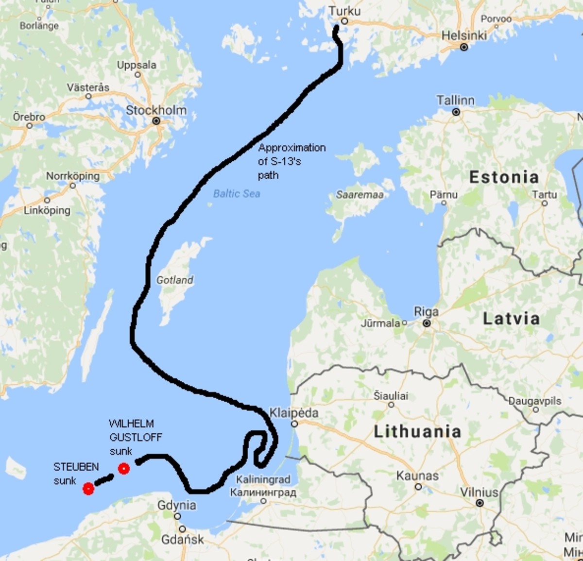 Approximations of the path taken by Soviet submarine S-13 and the sinkings of the liners Wilhelm Gustloff and Steuben (Jan - Feb 1945)