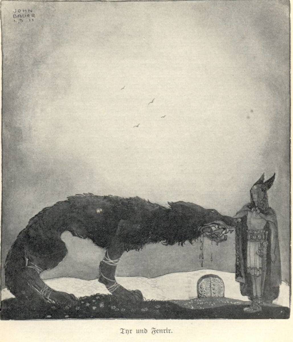 Tyr offering his hand to Fenrir