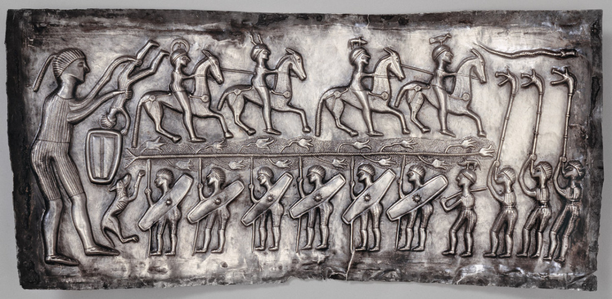 Panel from the Gundestrup Cauldron (found in proximity to the Cimbri homeland), featuring a sacrificial or initiation scene. 