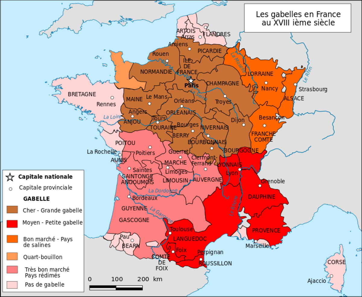 A good example of the fragmented nature of the French tax system, the map of the gabelle, the salt tax. Notice how many exemptions and differing tax levels there were.
