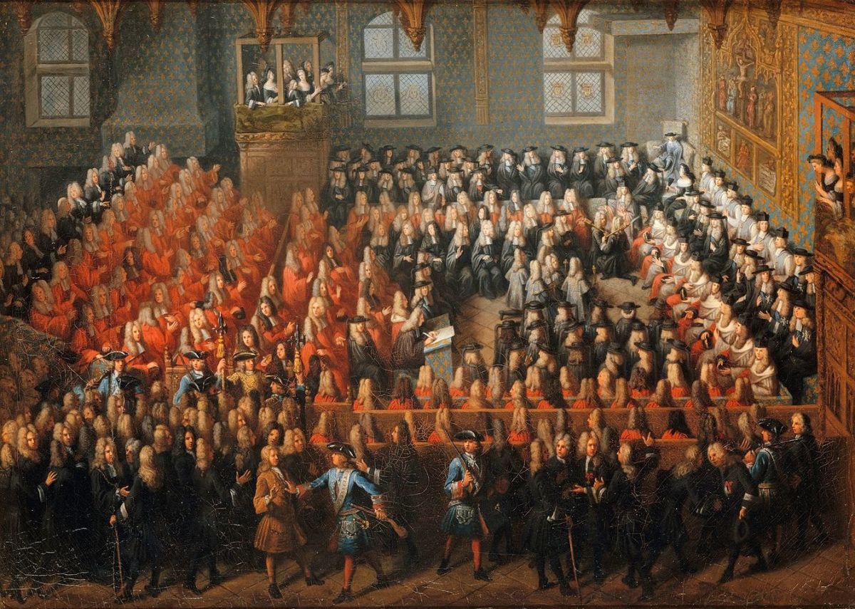 A French parlement in a lit de justice - a royal sitting of parlement - in 1715, held by Louis XV. 