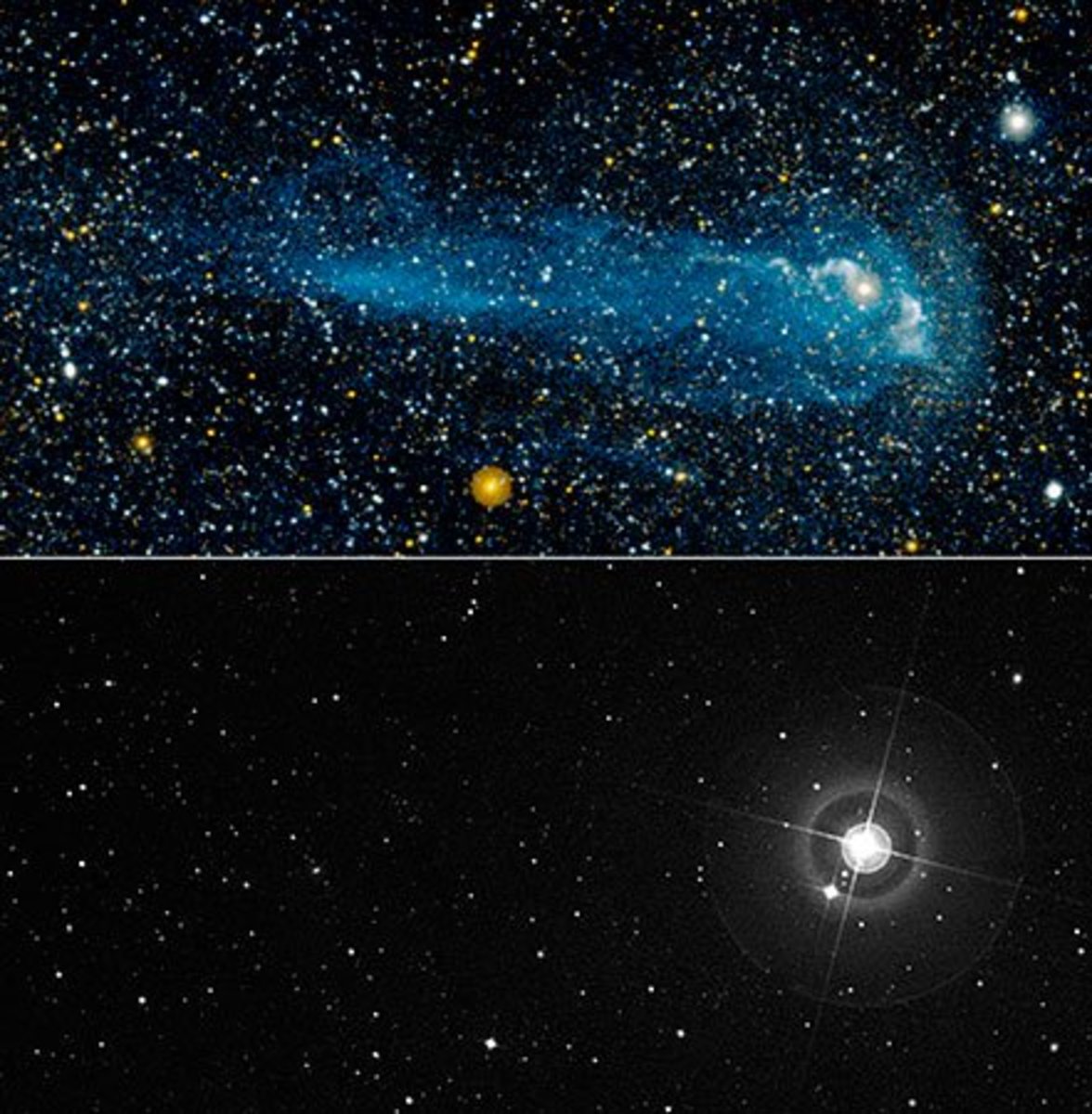 The Long Tail Of Mira Can Only Be Seen Under UV Light. Image Above: UV Light; Image Below: Visible Light.