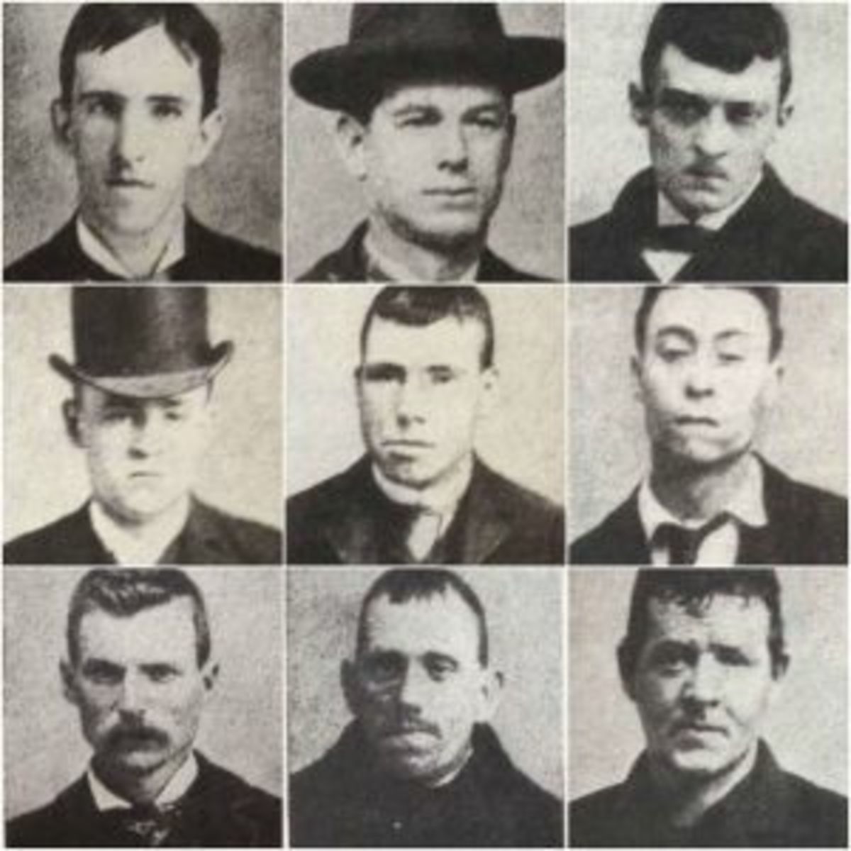 A rogue’s gallery of Whyo gangsters. Top row (left to right) Baboon Connolly, Josh Hines, Bull Hurley. Middle row: Clops Connolly, Dorsey Doyle, Googy Corcoran. Bottom row: Mike Lloyd, Piker Ryan, Red Rocks Farrell.