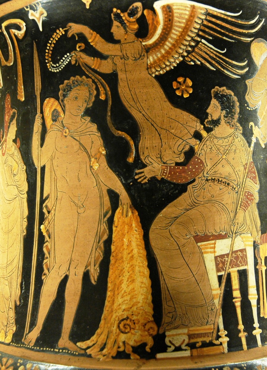 Jason brings Pelias the Golden Fleece; a winged victory prepares to crown him with a wreath. These images found on an ancient Roman vase