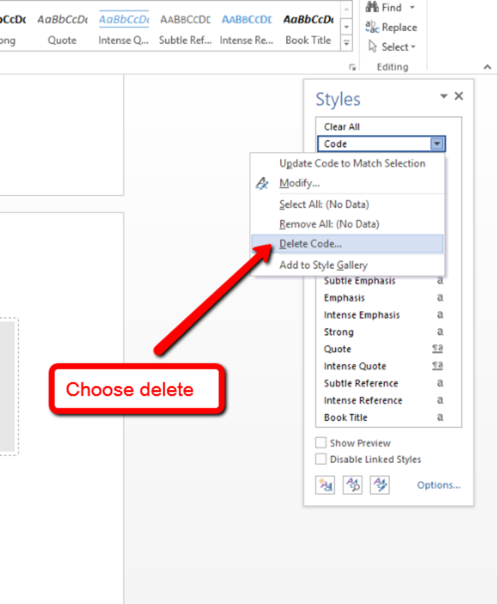 Find the style to remove and then select the option to delete.