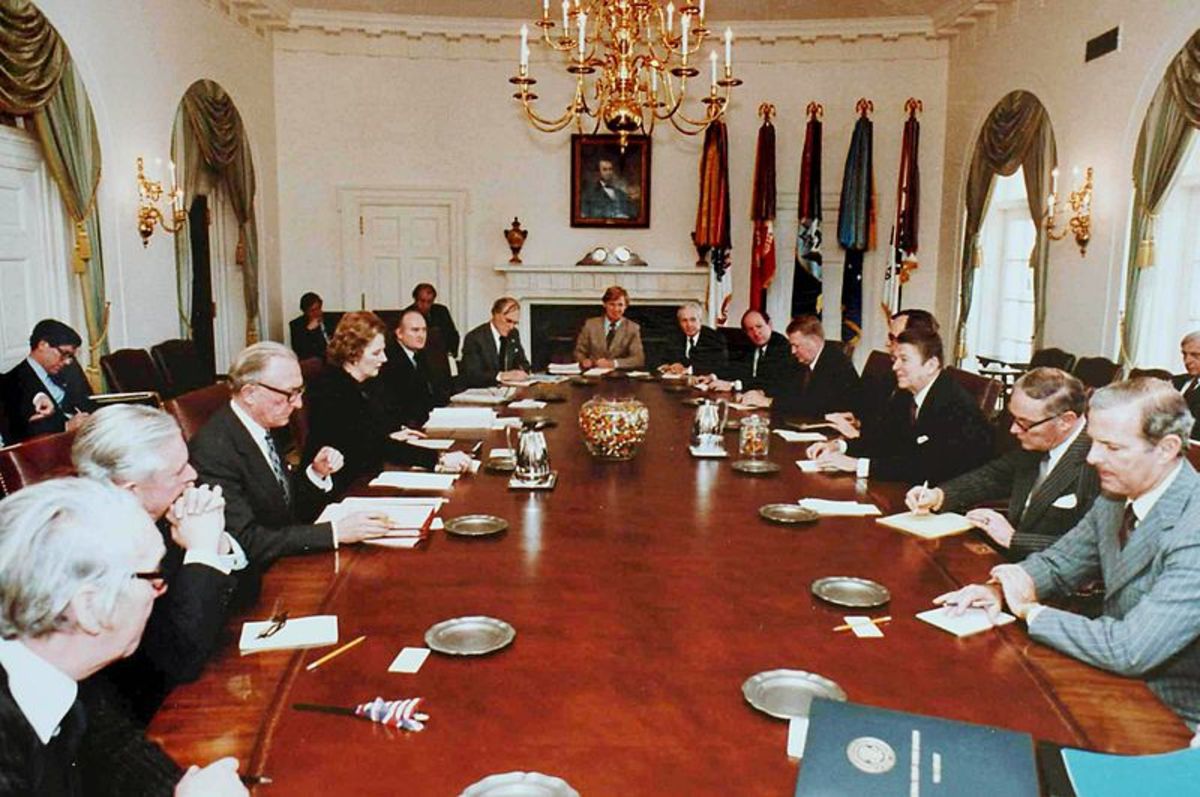 Margaret Thatcher in the White House Cabinet Room - notice the number of men compared to women?