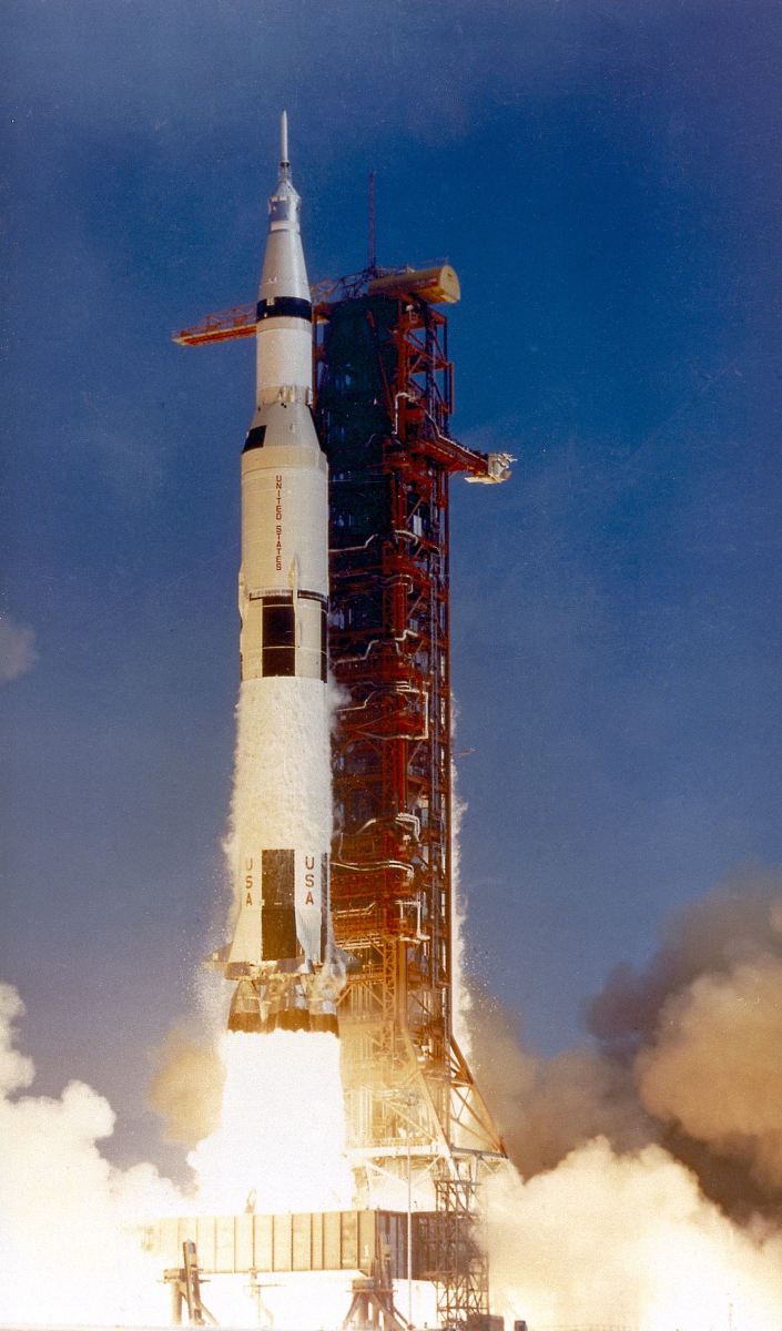 The Saturn V rocket of the Apollo 11 mission that brought astronauts to the Moon in 1969. It had to travel at a speed of over 25,000 miles per hour in order to escape from Earth's gravity.