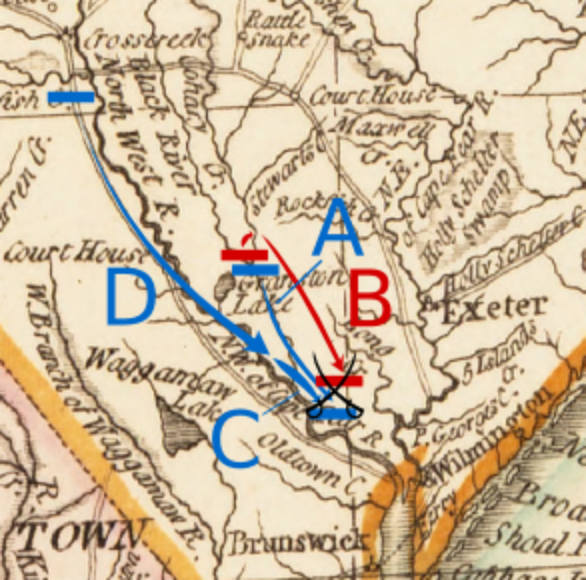 Map depicting movements toward Moore's Creek Bridge: A: Caswell's movement B: MacDonald's movement C: Lillington and Ashe's movement D: Moore's movement