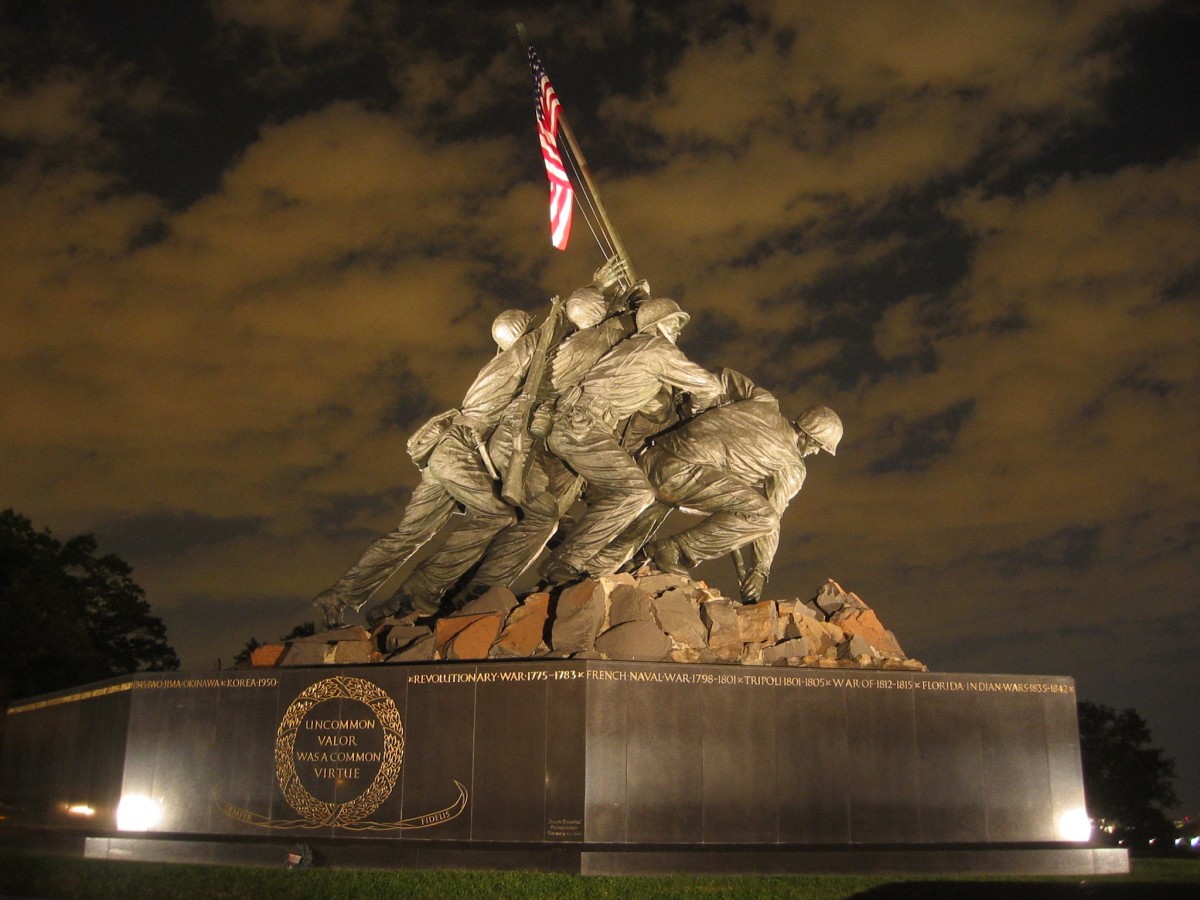 The Marine Corps War Memorial in Arlington, Virginia. This monument with a representation of the flag raising at Iwo Jima is inscribed with battle honors of the United States Marine Corps since 1775.
