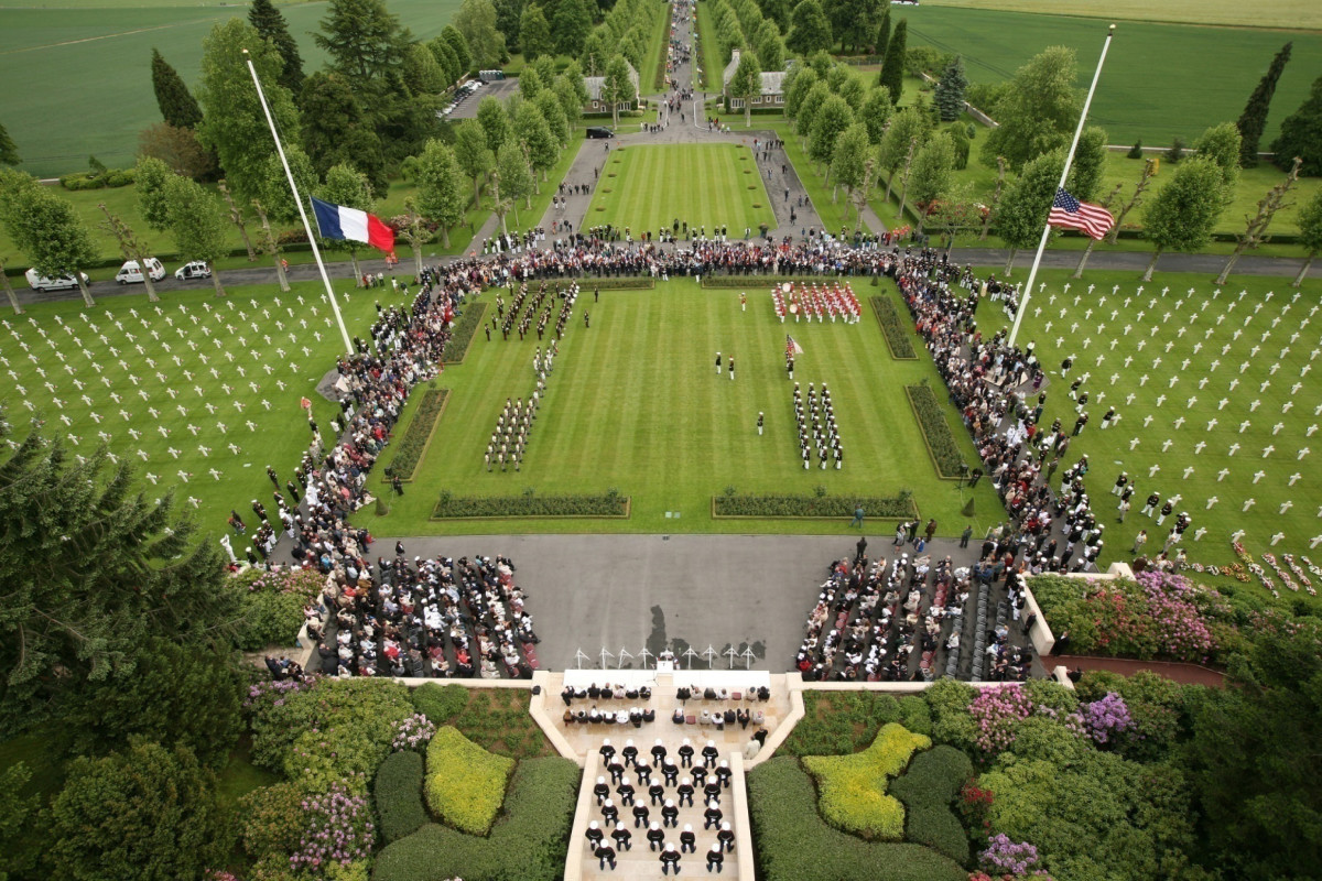 Aisne-Marne Cemetery, Belleau, France - U.S. Marines and French soldiers at the 92nd anniversary memorial service of the battle of Belleau Wood
