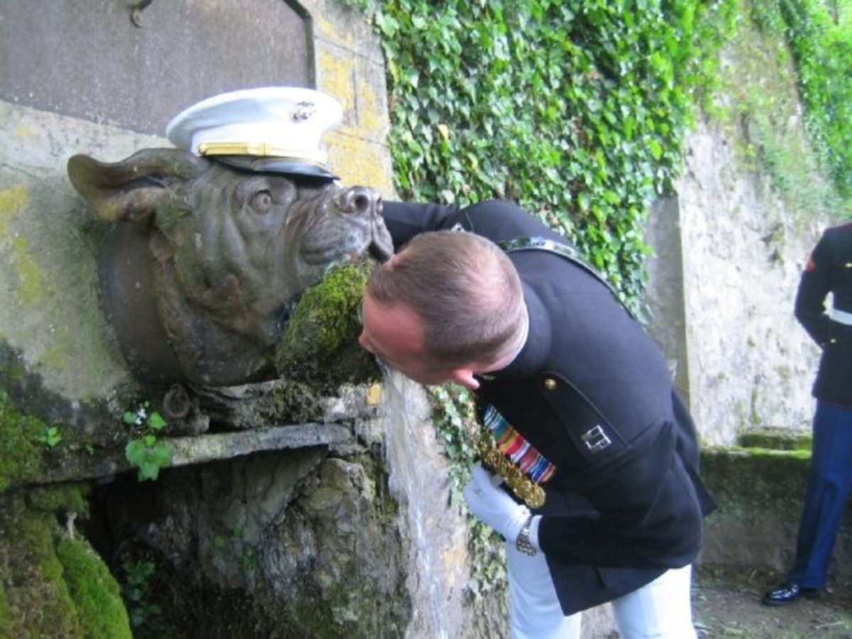 Author shown here drinking from the 'Devil Dog' fountain in the Belleau France, on Memorial Day at the Aisne-Marne cemetery - 2005