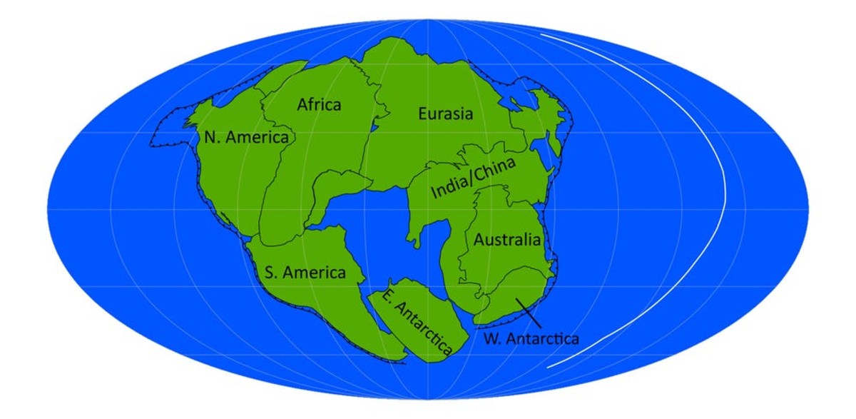 In this prediction, the Atlantic Ocean has reversed direction, shrinking back in on itself and bringing the continents together in a ring around it.