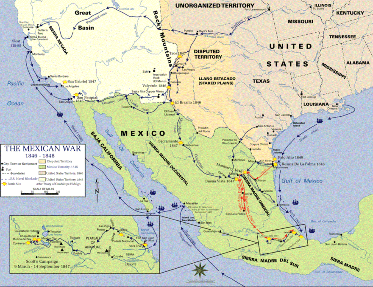 Map of the battles of the Mexican-American War 1846 to 1848.