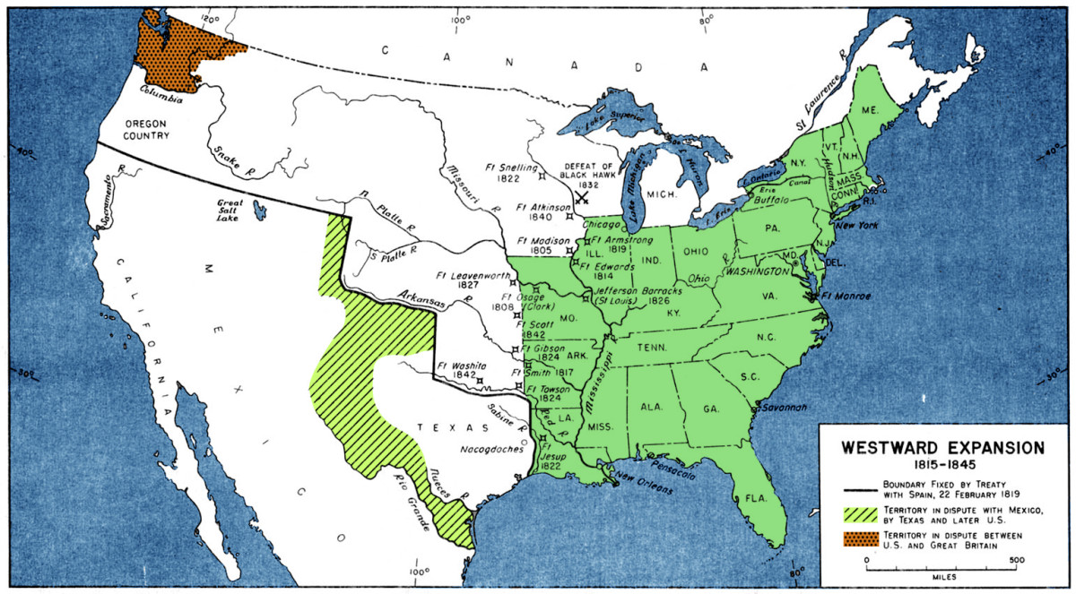 Map of the United States showing the westward expansion from 1815 to 1845.