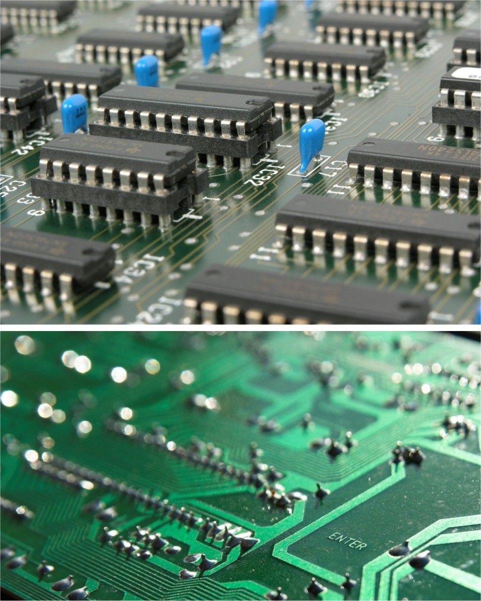 Top and underside of a PCB showing the solder joints. Pins of the integrated circuits (ICs) and other components pass through holes in the PCB and are bonded electrically to copper tracks using blobs of solder.