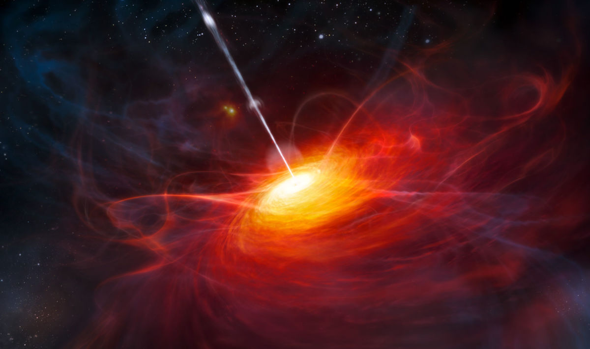 Artist's depiction of a quasar. Notice the long jet of light exiting the galactic center.