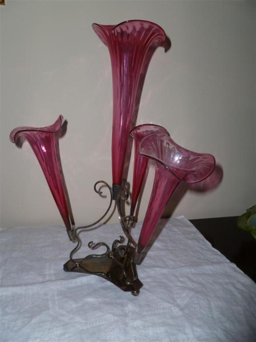 Silver and cranberry glass epergne