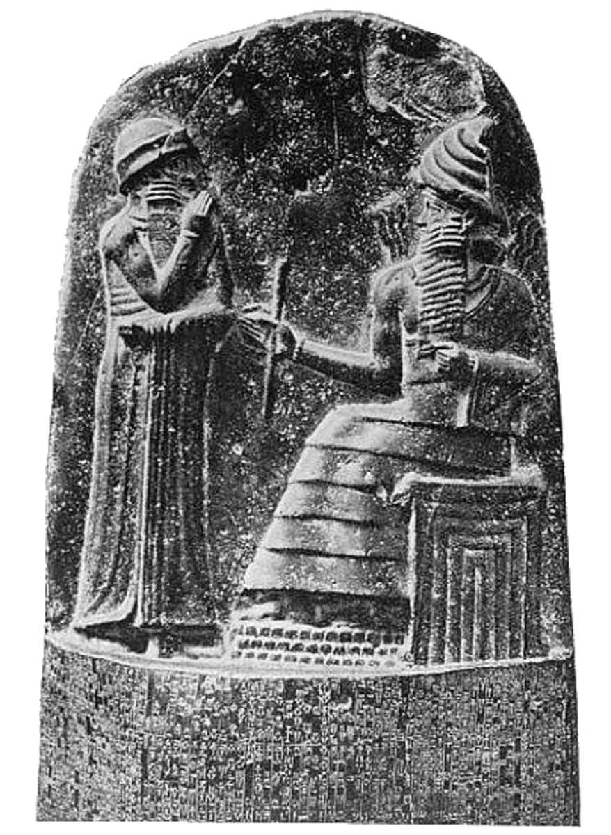 Hammurabi (standing) receiving his royal insignia. He's holding his hand over his face as a sign of prayer.