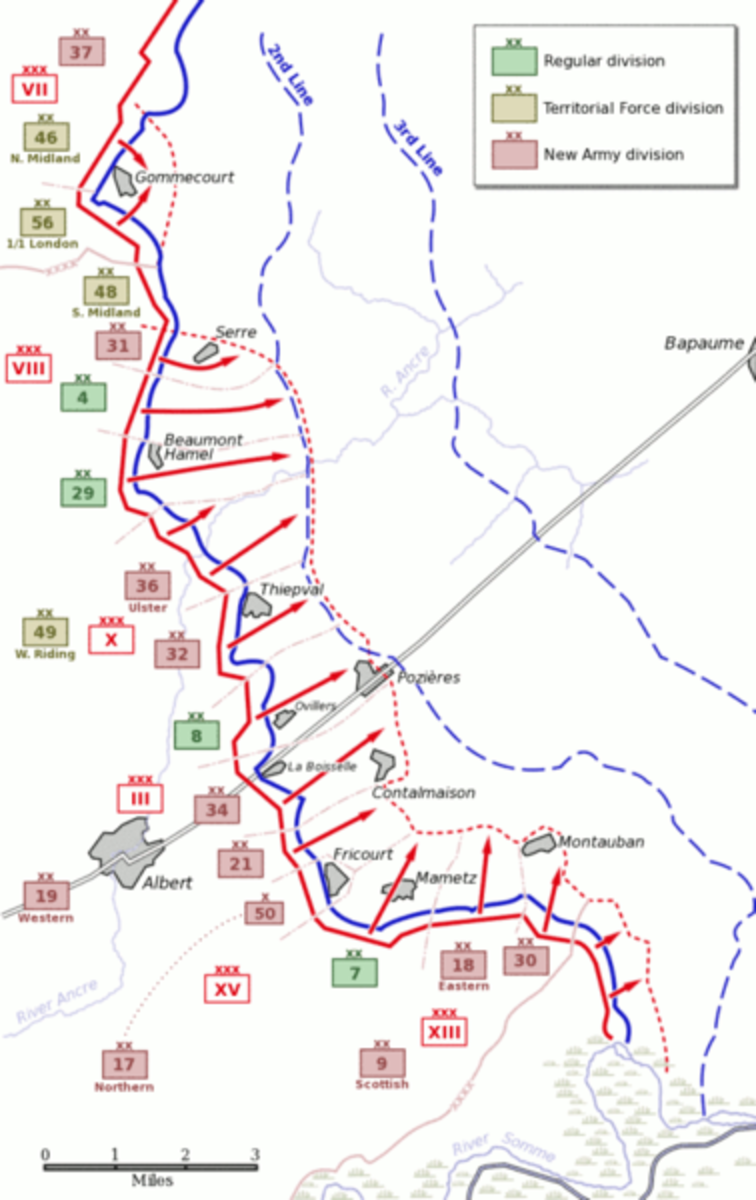 The British infantry attack plan for the first day of the Somme. The British and French lines are shown as blue and red, whilst the German front, second and third lines are shown as dashed blue lines.