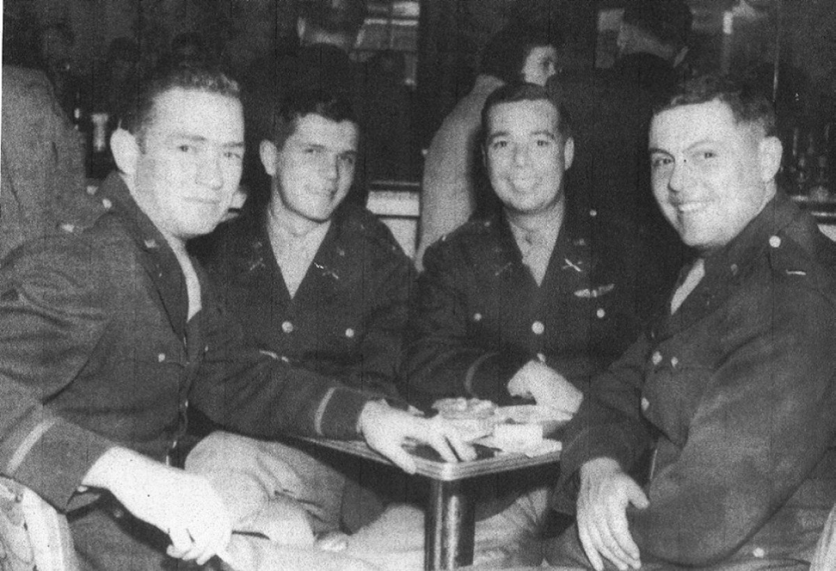 Officers of the 589th FAB (L-R): Lt. Francis O'Toole, Lt. Graham Cassibry, Lt. Earl Scott and Lt. Crowley. O'Toole was killed in an Allied bombing as a POW. Cassibry survived the war but committed suicide in 1963. Scott and Crowley also survived.