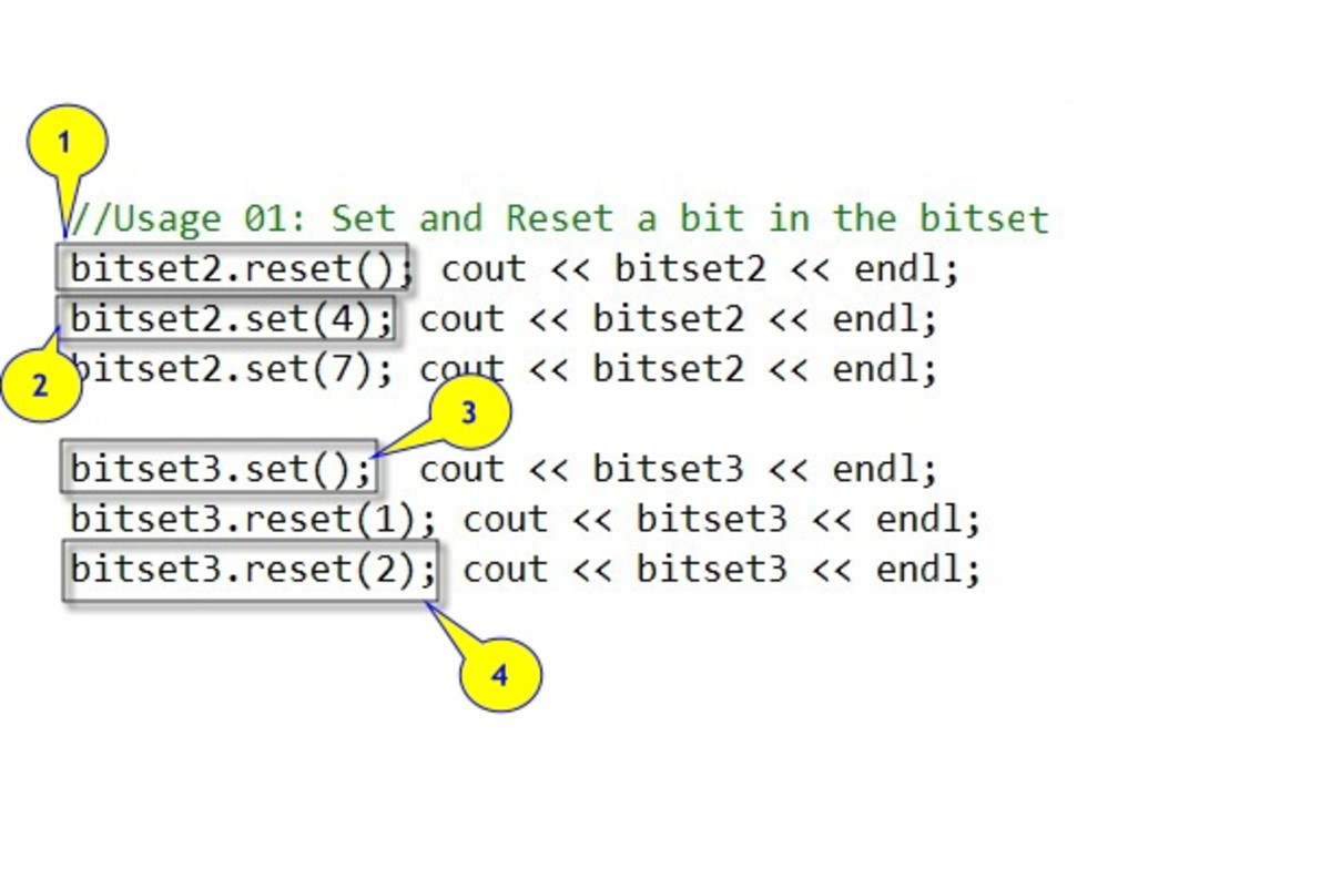 Code snippet: setting and resetting bitset bits