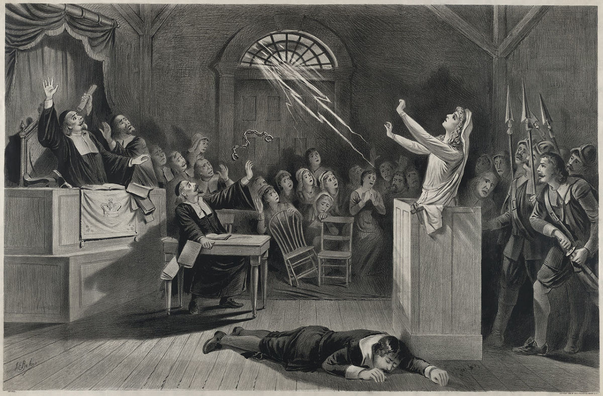 Fanciful representation of the Salem witch trials, lithograph from 1892