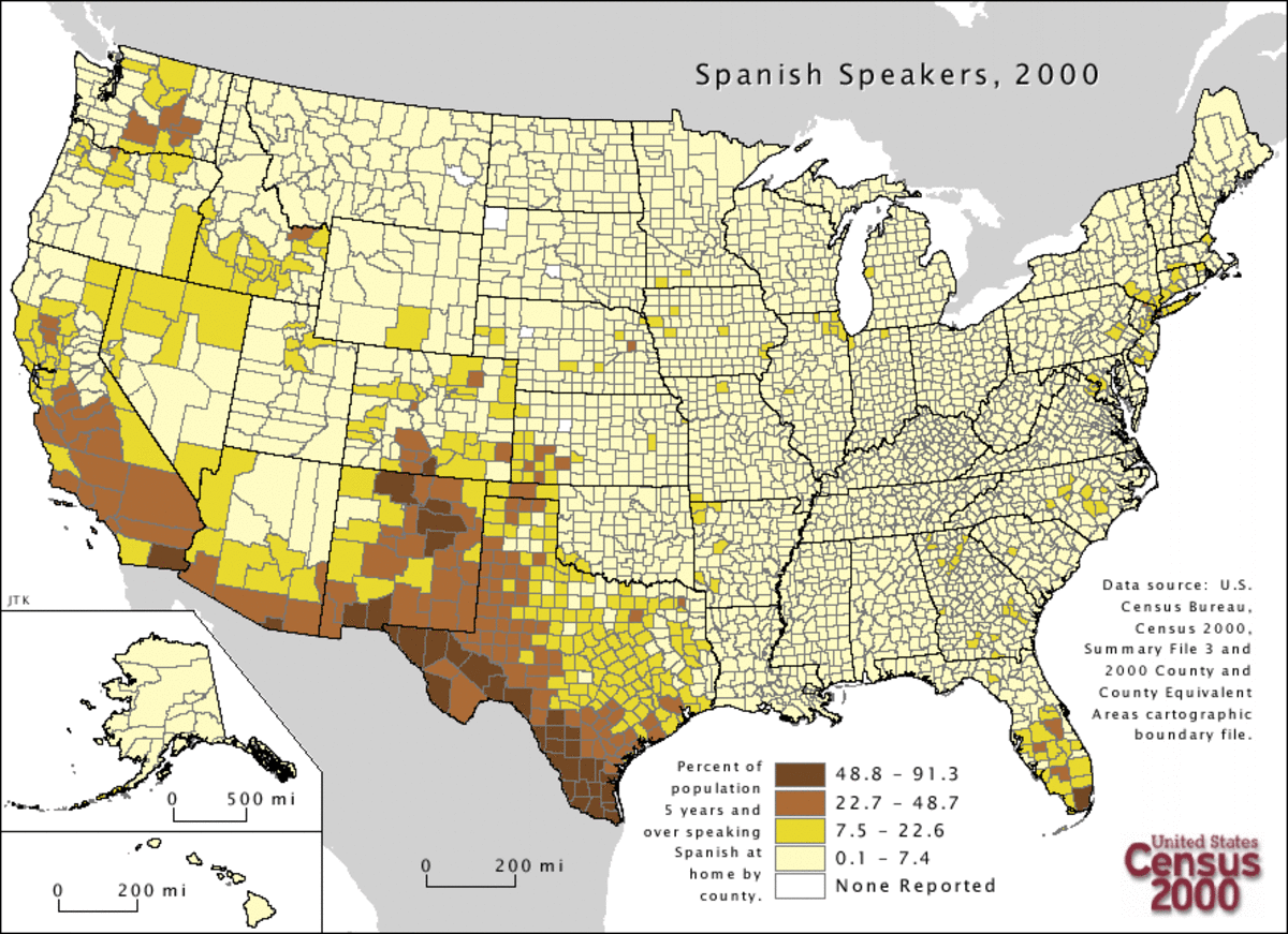Spanish is spoken throughout the United States with varying degrees of popularity. The map above indicates where Spanish is spoken most frequently. 