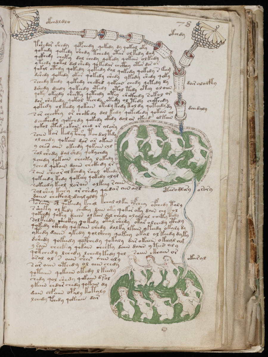 Pictures of women surrounded by objects or liquid can be found in the manuscript.