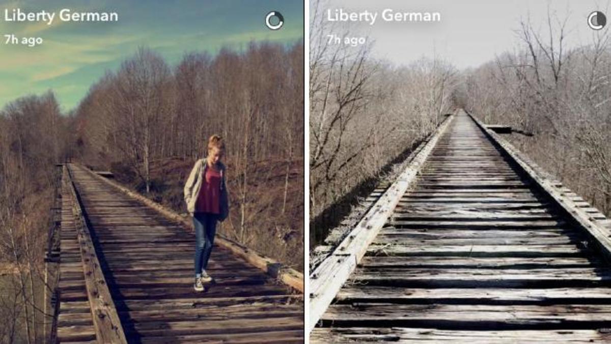 Photograph Libby German posted on Snapchat of Abby Williams walking on the Monon High Bridge, Delphi, Indiana.