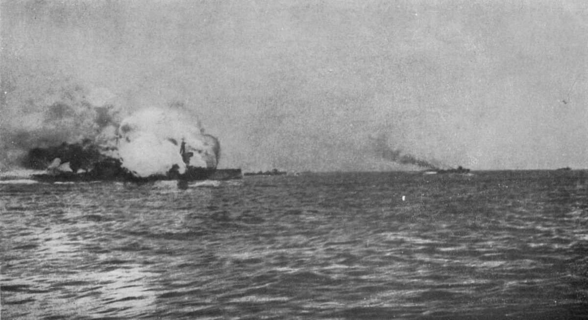 The British battlecruiser Invincible blowing up at the Battle of Jutland, the only large-scale confrontation between capital ships in the Great War, and one which would be an important part of British naval thought for decades to come.