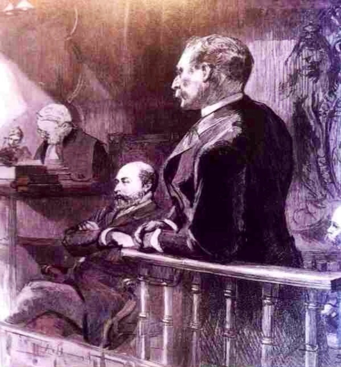 Gordon-Cumming in the witness box. Next to him is the Prince of Wales, and behind the prince an apparently dozing judge.